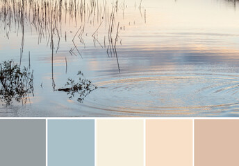 Color palette swatches of orange reflections of the sunset on blue lake water surface. Dark grey silhouettes of grass. Pastel trendy combination of muted tints, shades and tones. Natural inspiration.