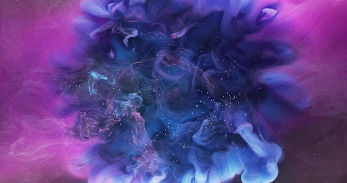Ink water drop. Color mist flow. Logo reveal effect. Blue pink fume mix motion on purple abstract art background shot on Red Cinema camera 6k.