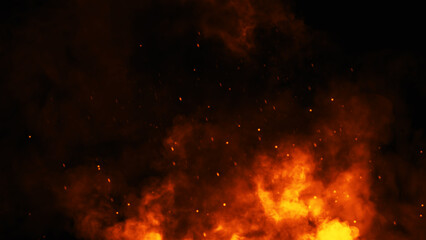 Fire embers particles texture overlays . Burn effect on isolated black background. Concept of particles , sparkles, flame and light. Stock illustration.