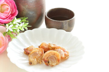 Japanese snack food, dried Hokkaido scallop on white dish