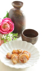 Japanese snack food, dried Hokkaido scallop on white dish