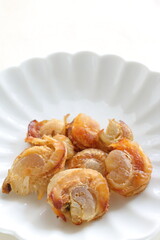 Japanese snack food, dried Hokkaido scallop on white dish