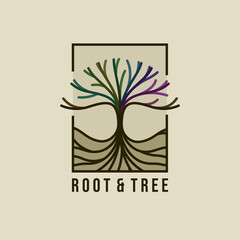 Line art tree logo with colorful design. Tree logo design with branch and root element. Tree design that grows above the ground