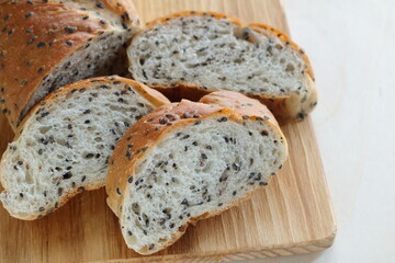 Sliced sesame French bread with copy space