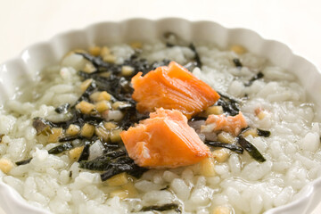 Japanese comfort food, grilled salmon in green tea rice 