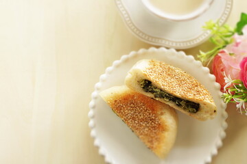 Asian food dumpling, vegetable in sesame bun for homemade breakfast