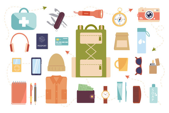 Things To Travel. Set Of Travel Accessories Isolated On White Background. The Contents Of The Backpack, Essentials, Things, Food, Hygiene Products And Equipment. Vector Illustration