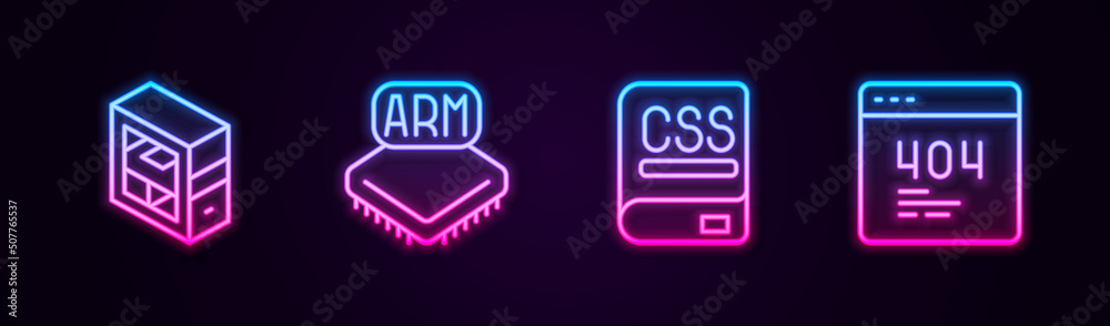 Wall mural set line computer, processor, books about programming and page with 404 error. glowing neon icon. ve