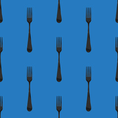 Seamless pattern. Fork top view on blue blue background. Template for applying to surface. Flat lay. 3D image. 3D rendering.
