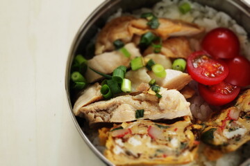 Homemade chicken and fried egg with rice lunch box for asian food image