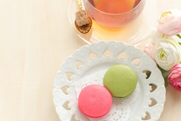 Green and pink macaron for gourmet dessert image