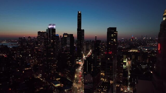 dusk flying backward view of downtown Brooklyn