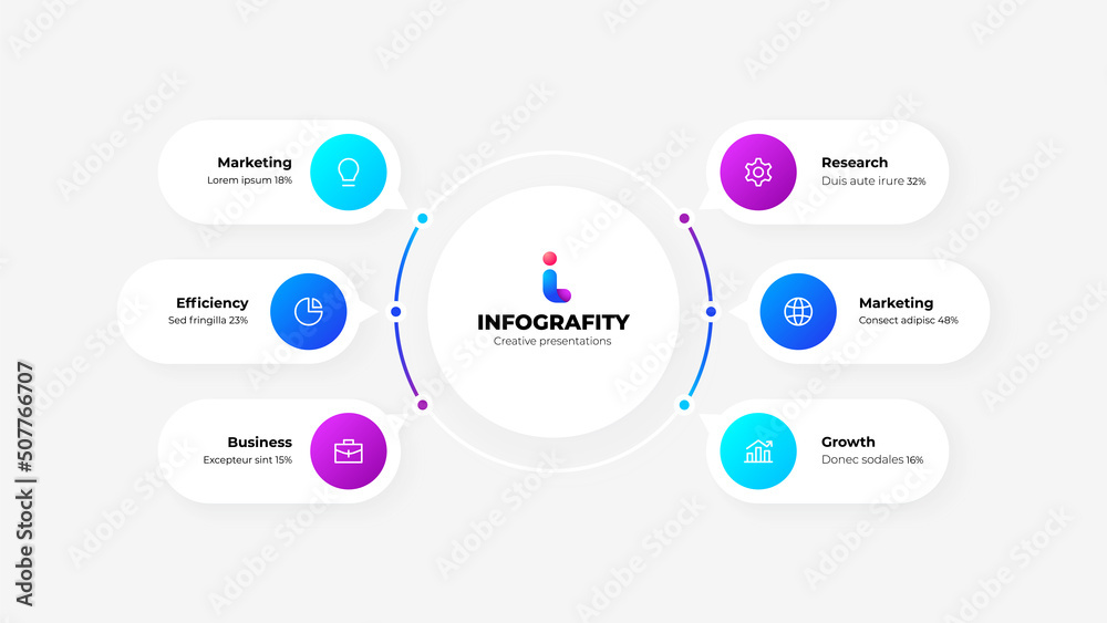Poster Flow chart infographic business template. Central circle with six circles around it. Vector info graphic design illustration with 6 steps