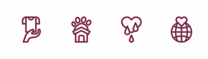 Set line Clothes donation, Blood, Animal shelter house and Hand holding Earth globe icon. Vector