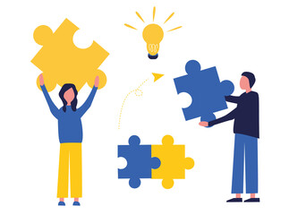 Business concept. Team metaphor. People connect puzzle elements.  Flat illustration in flat design style. Teamwork, collaboration, partnership. Businessmen working together and moving towards success.