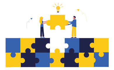 Business concept. Team metaphor. People connect puzzle elements.  Flat illustration in flat design style. Teamwork, collaboration, partnership. Businessmen working together and moving towards success.