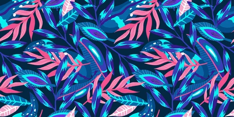 Foto op Canvas Neon tropic floral seamless pattern on dark background. Floral neon for bright summer design. Tropic jungle in abstract style on purple background © Анжелика Полтавец