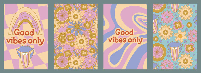 Groovy poster set in cartoon style with slogan and flower daisy. Groovy flower background. Retro 60s 70s psychedelic design. Abstract hippie illustration.