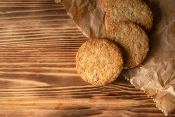 Classic cereal cookies on wooden home background bakery