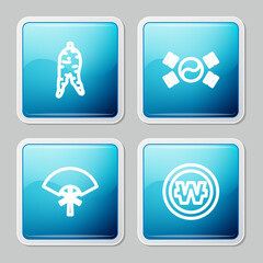 Set line Ginseng root, South Korea flag, Traditional fan and Korean won coin icon. Vector