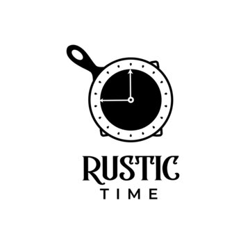 Vintage Retro Rustic, iron skillet clock symbol, time for food dishes, classic restaurant kitchen, traditional food, restaurant food, logo vector illustration