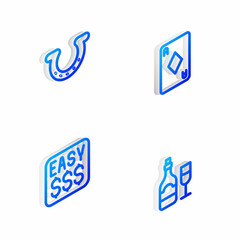 Set Isometric line Playing card with diamonds, Horseshoe, Money prize casino and Champagne bottle glass icon. Vector