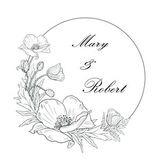 Florarl wreath hand drawn illustration in doodle style. Graphic flower frame for invitation and greeting card