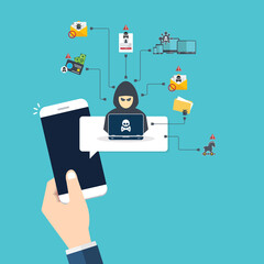 Hacker notification on mobile phone. Smartphone with hacker attack alert.	