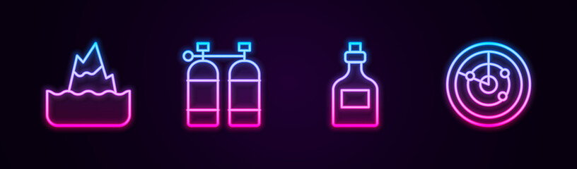 Set line Iceberg, Aqualung, Rum bottle and Radar with targets. Glowing neon icon. Vector