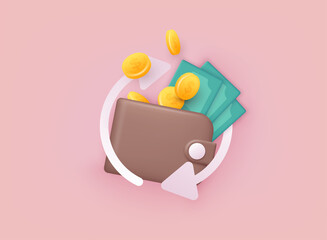 Cashback money refund icon concept.  Wallet with coins and money. 3D Web Vector Illustrations.