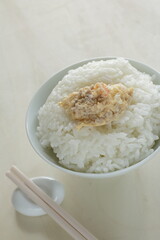 Homemade Chinese comfort. food, mince meat in steamed egg with rice