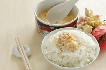 Homemade Chinese comfort. food, mince meat in steamed egg with rice