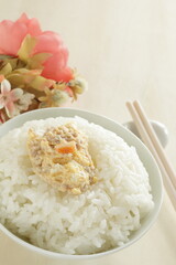 Homemade Chinese comfort. food, mince meat in steamed egg with rice