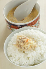 Homemade Chinese comfort. food, mince meat in steamed egg with rice