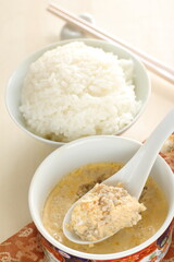 Homemade Chinese comfort. food, mince meat in steamed egg with rice