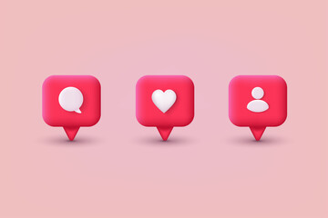 Social media like icon concept. Comment and Follower. 3D Web Vector Illustrations.