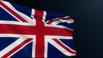 UK flag. United Kingdom. Union Jack. London sign. English official symbol of celebration of British National Day, 12 June. Realistic 3D illustration with cotton texture isolated on dark.