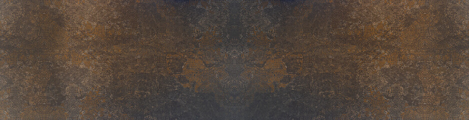 Arabesque old brown gray rusty vintage worn geometric shabby ornate circles print cement tile wall texture background banner panorama