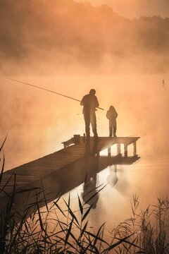 Beautiful morning scene by the lake. Father and son fishing in the light of the rising sun.