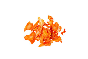 Vegetable chips. Dried Carrot slices. Dehydrated vegetables, dried carrot chips isolated on white...