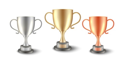 Trophy cup. Gold silver bronze prize. Vector winner championship realistic cups