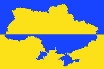 Silhouette of Ukraine country map. Abstract patriotic Ukrainian flag. Blue and yellow background. Ukraine territory borders with Crimea. Ukraine flag. National symbol. Support Ukraine. Stop war.