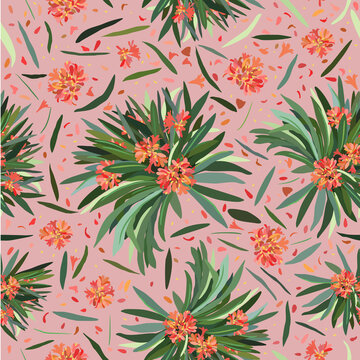 Vector seamless floral pattern with clivia flowers. Bright plant on soft pink background.