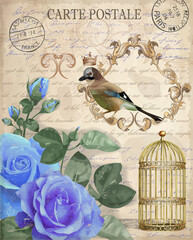 Vintage postcard with roses, bird and bird cage.0