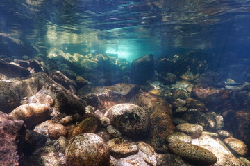 Fototapeta na wymiar Rocks underwater landscape in a river, rocky riverbed, Spain, Galicia, Pontevedra province, Rio Verdugo