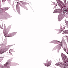 Frame of pinkish purple watercolor flowers isolated on white background