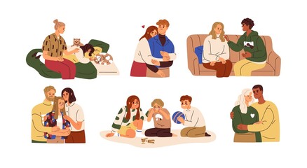 People supporting, comforting, caring about friends, kids with sympathy. Families, couples helping, hugging person. Empathy concept. Flat graphic vector illustrations isolated on white background