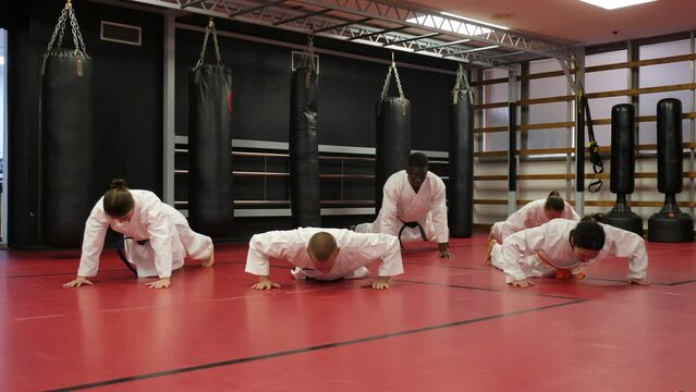 Training a group of athletes before karate training - push-ups and muscle warm-up. High quality 4k footage