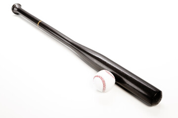 Sport Concepts. Wooden Baseball American Bat Along With Leather Ball Placed Together Over White Background
