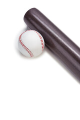 Image of Laquered Wooden Brown American Baseball Bat Along With Clean Leather Ball Placed Together Over White Background.